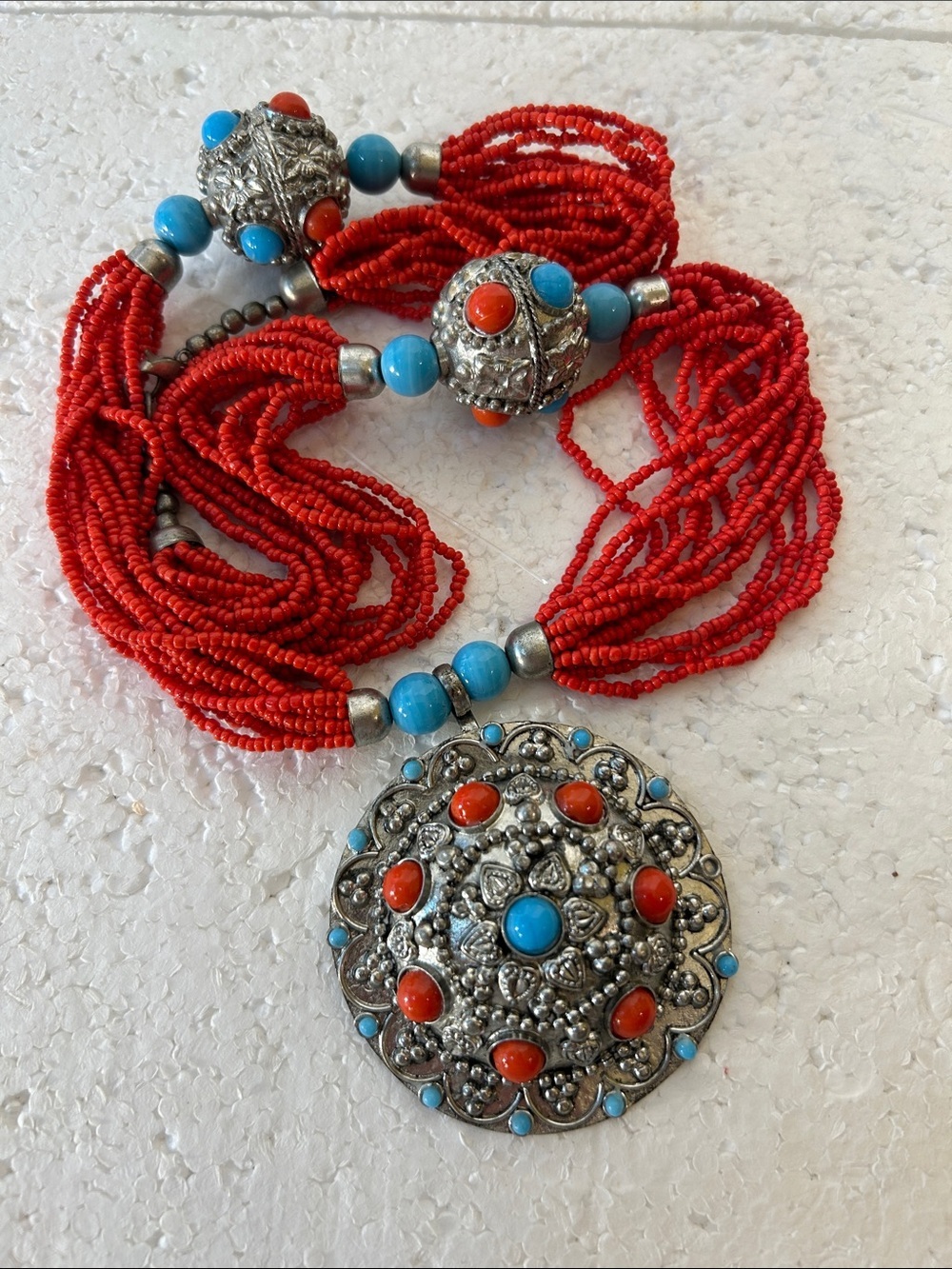 Turquoise & Coral Silver Medallion Necklace Western Boho Ranchland Southwestern